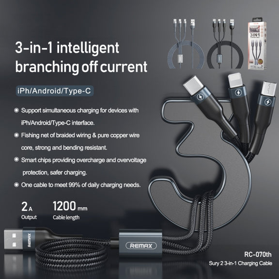 REMAX RC-070TH 1.2m 2A 3 in 1 USB to 8 Pin & USB-C / Type-C & Micro USB Charging Cable(Silver)