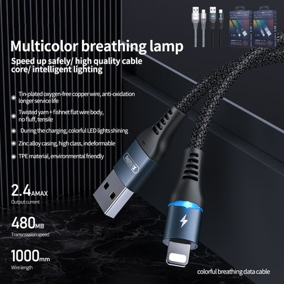 REMAX RC-152I 1m 2.4A USB to 8 Pin Colorful Breathing Data Cable(Silver)