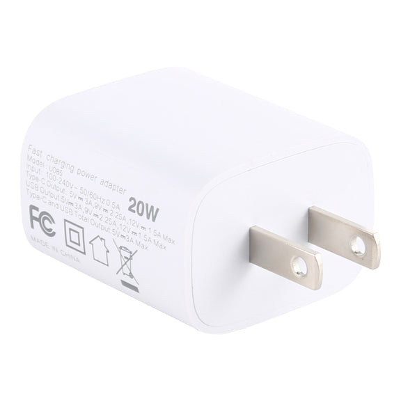 U085 20W USB + Type-C Fast Charging Travel Power Adapter, US Plug