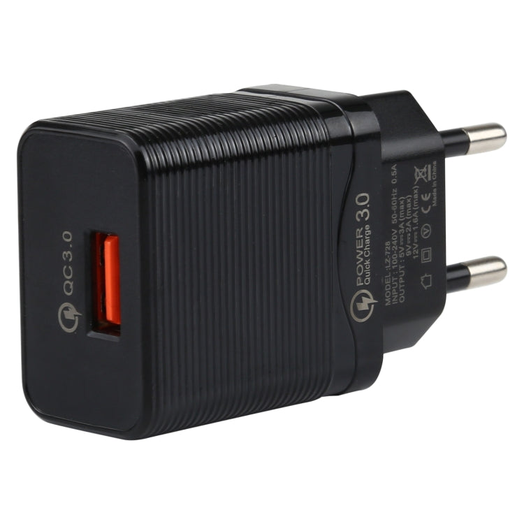 LZ-728 2 in 1 18W QC 3.0 USB Interface Travel Charger + USB to 8 Pin Data Cable Set, EU Plug, Cable Length: 1m(Black)