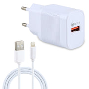 LZ-728 2 in 1 18W QC 3.0 USB Interface Travel Charger + USB to 8 Pin Data Cable Set, EU Plug, Cable Length: 1m(White)