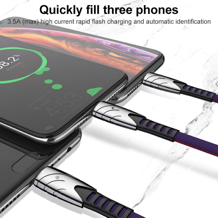 K051 1.2m 3 in 1 USB to 8 Pin + USB-C / Type-C + Micro USB Shark Fabric Data Cable(Blue)