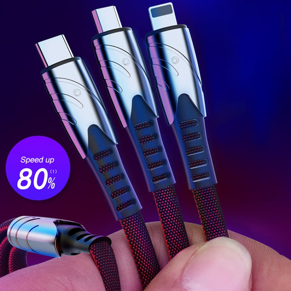 K051 1.2m 3 in 1 USB to 8 Pin + USB-C / Type-C + Micro USB Shark Fabric Data Cable(Red)
