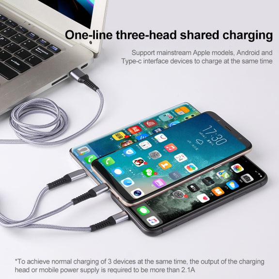 IVON CA39 2.4A Max 8 Pin + Type-C + Micro USB 3 in 1 Charging Cable, Length: 1.2m