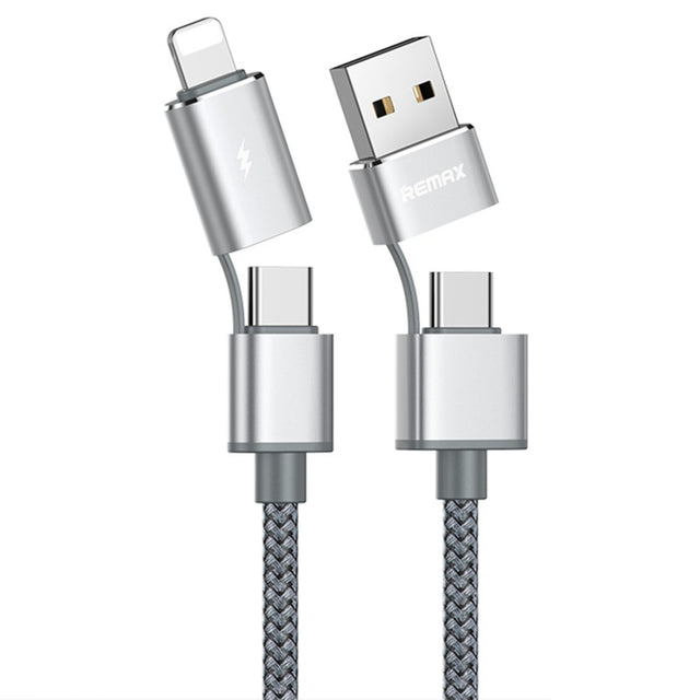 REMAX RC-020t 2.4A Aurora Series 4 in 1 8 Pin + USB +2 x Type-C Data Snyc Charging Cable, Cable Length: 1m(Silver)