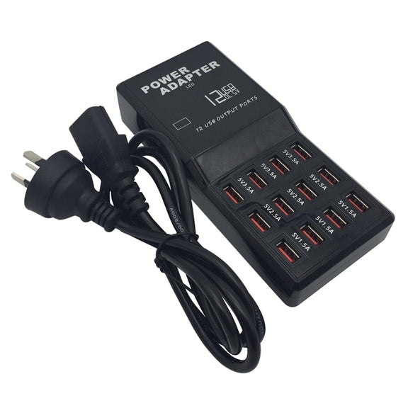 W-858 12A 12 Ports USB Fast Charging Dock Desktop Smart Charger AC100-240V, AU Plug (Black)
