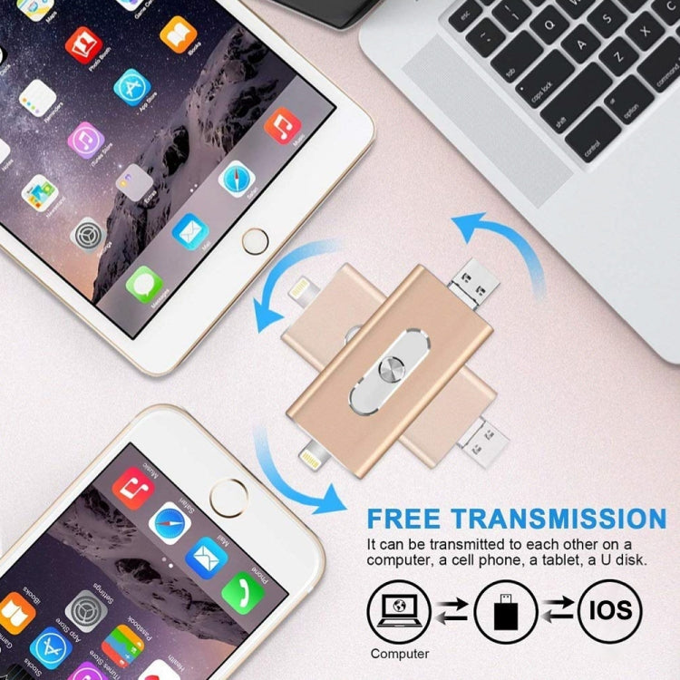 RQW-02 3 in 1 USB 2.0 & 8 Pin & Micro USB 64GB Flash Drive(Gold)