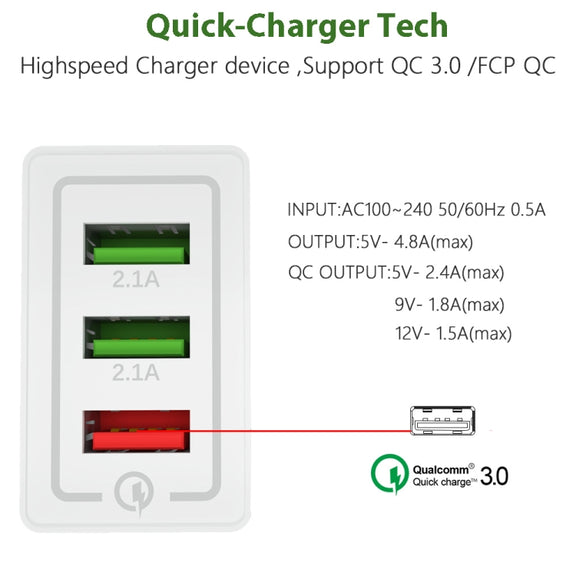 AR-QC-03 2.1A 3 USB Ports Quick Charger Travel Charger, US Plug (Red)