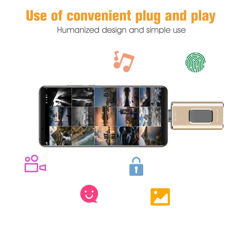 Richwell 3 in 1 16G Type-C + 8 Pin + USB 3.0 Metal Push-pull Flash Disk with OTG Function(Black)
