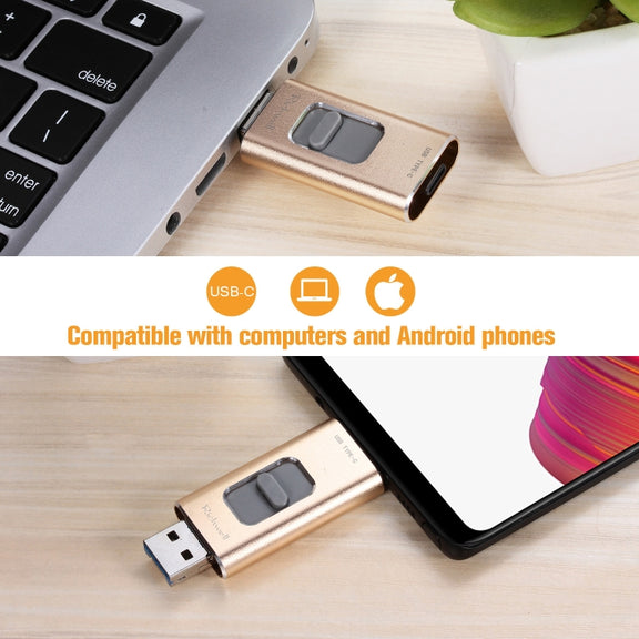 Richwell 3 in 1 16G Type-C + 8 Pin + USB 3.0 Metal Push-pull Flash Disk with OTG Function(Gold)