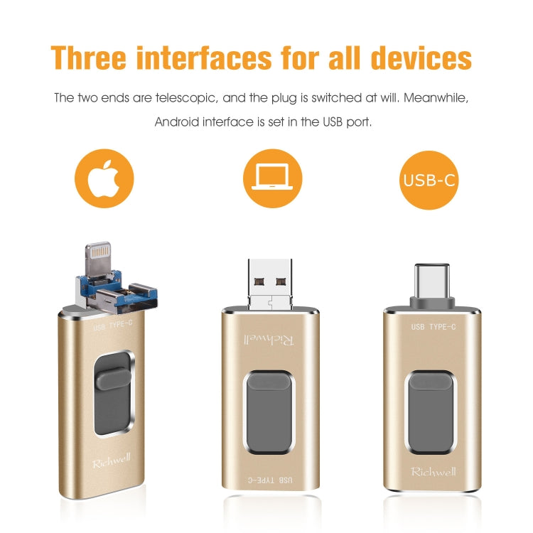 Richwell 3 in 1 64G Type-C + 8 Pin + USB 3.0 Metal Push-pull Flash Disk with OTG Function(Gold)