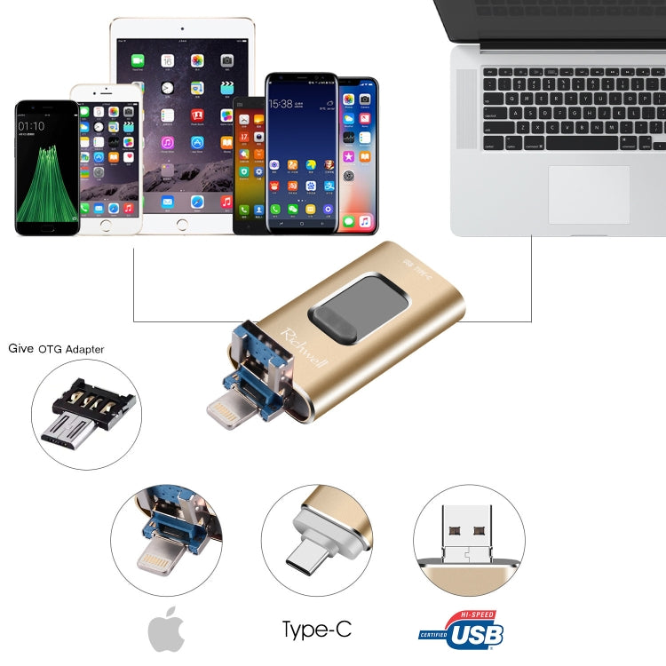 Richwell 3 in 1 64G Type-C + 8 Pin + USB 3.0 Metal Push-pull Flash Disk with OTG Function(Rose Gold)