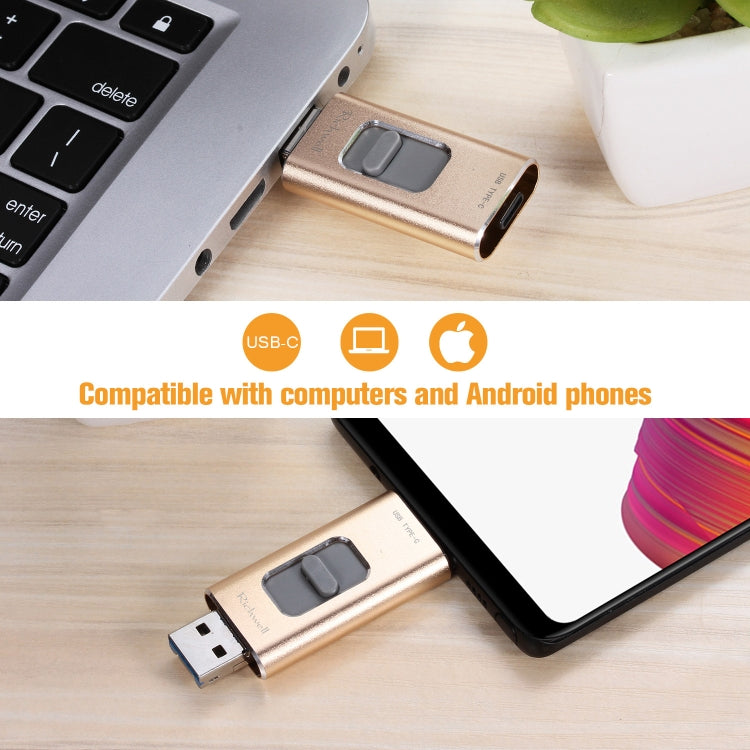 Richwell 3 in 1 64G Type-C + 8 Pin + USB 3.0 Metal Push-pull Flash Disk with OTG Function(Silver)