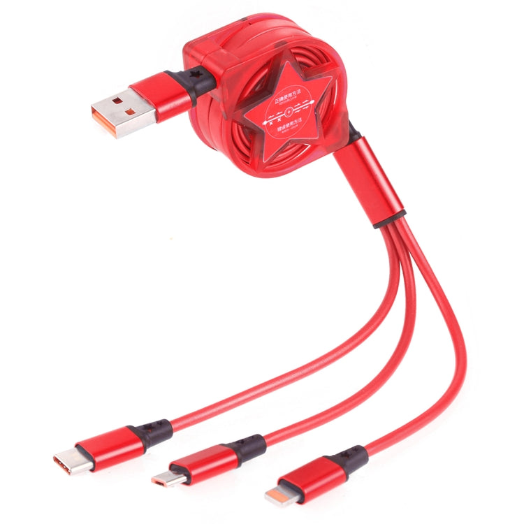 1.2m 3 in 1 USB to USB-C / Type-C + 8Pin + Micro USB Retractable Data Syn Charging Cable (Red)