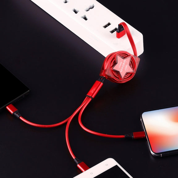 1.2m 3 in 1 USB to USB-C / Type-C + 8Pin + Micro USB Retractable Data Syn Charging Cable (Red)