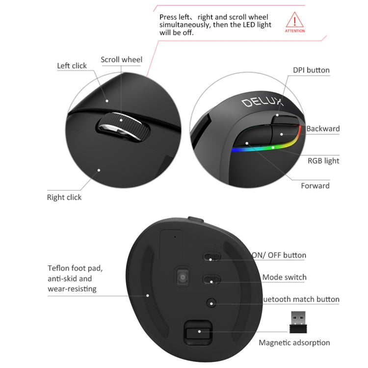 DELUX M618 Mini 2.4G Wireless 2400DPI USB Rechargeable Ergonomic Vertical Mouse(Grey)