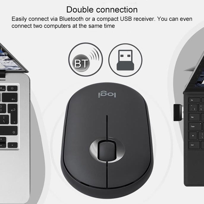 Logitech Pebble Cobblestone Shape Thin 3-keys 1000DPI Mute Wireless Bluetooth Optical Mouse, Wireless Range: 10m (Black)