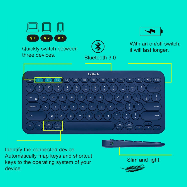 Logitech K380 Portable Multi-Device Wireless Bluetooth Keyboard (Blue)