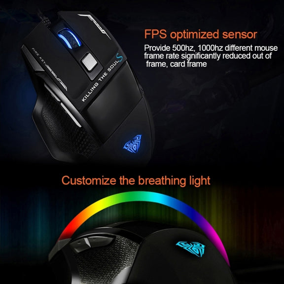 AULA Series SoulKiller II Colourful Light 7D Optical Competitive USB Wired Game Mouse, Maximum Resolution of 3500 DPI(Black)