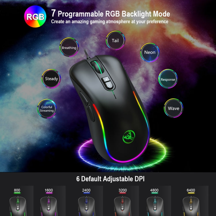 HXSJ J300 7 Keys RGB Lighting Programmable Gaming Wired Mouse(Black)