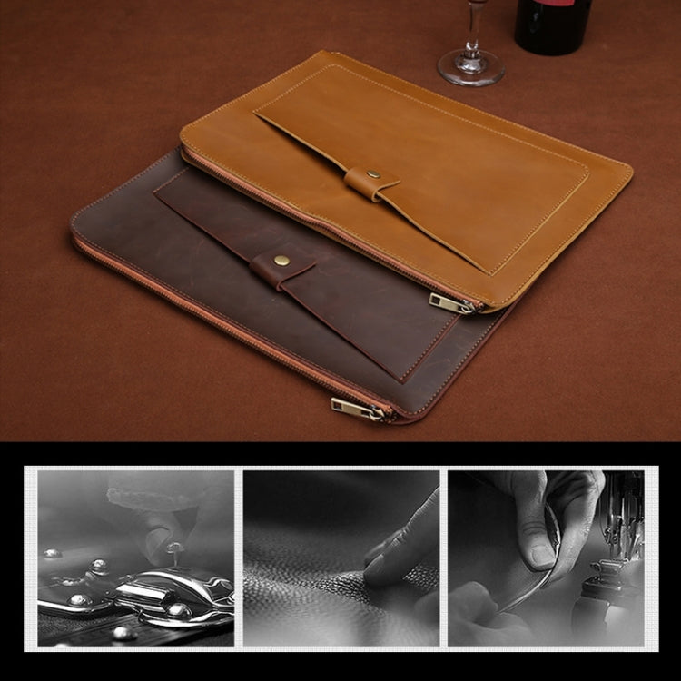 Universal Genuine Leather Business Zipper Laptop Tablet Bag For 12 inch and Below(Brown)