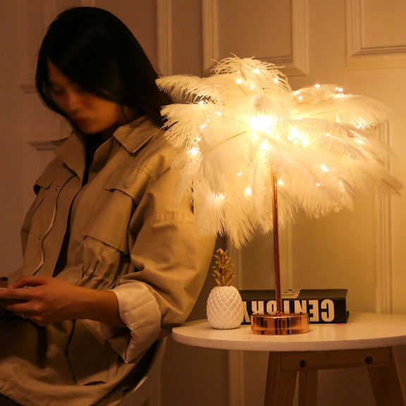 Creative Bedroom Feather Table Lamp Night Light Decorative Light (White)
