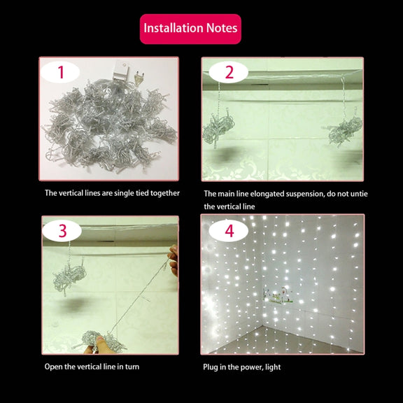 3m(Length) x 3m(Height) White Light LED Decoration Light, 300 LEDs Curtain String Light with End Joint & Multi-function Controller & Memory Water-resistant, US Plug, AC 110V