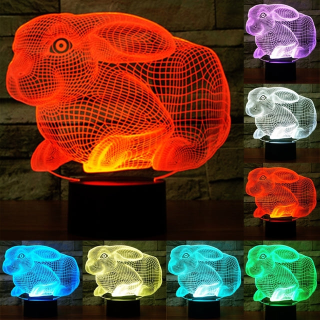 Rabbit Shape 3D Touch Switch Control LED Light , 7 Colour Discoloration Creative Visual Stereo Lamp Desk Lamp Night Light