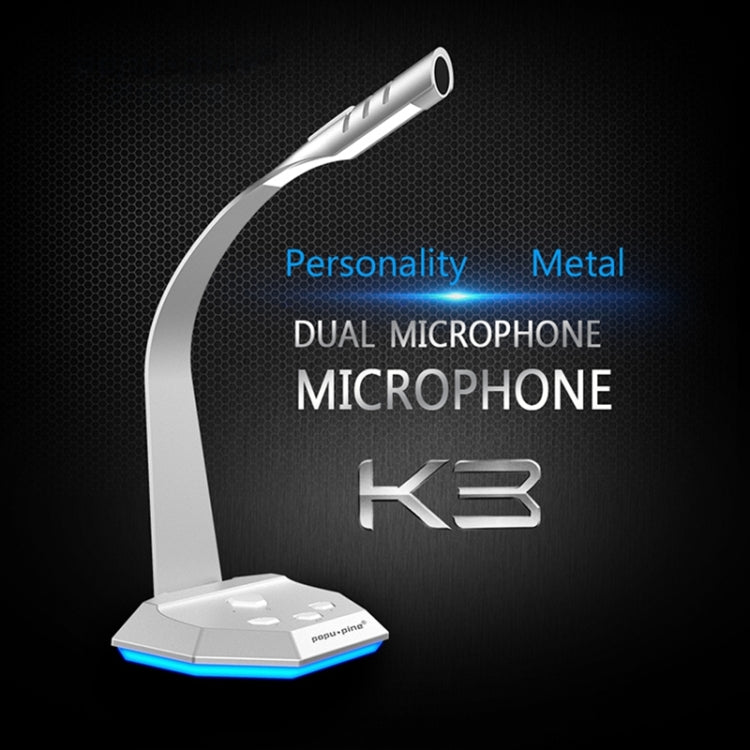 K3 Desktop Omnidirectional USB Wired Dual Mic Condenser Microphone with LED Night Light, Compatible with PC / Mac for Live Broadcast, Show, KTV, etc(Silver)