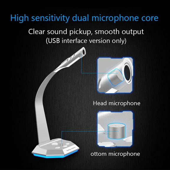 K3 Desktop Omnidirectional USB Wired Dual Mic Condenser Microphone with LED Night Light, Compatible with PC / Mac for Live Broadcast, Show, KTV, etc(Silver)