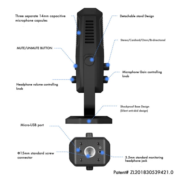 Yanmai SF-900 Multi-function Four Directivity Studio Recording Condenser Microphone with Desktop Stand(Black)