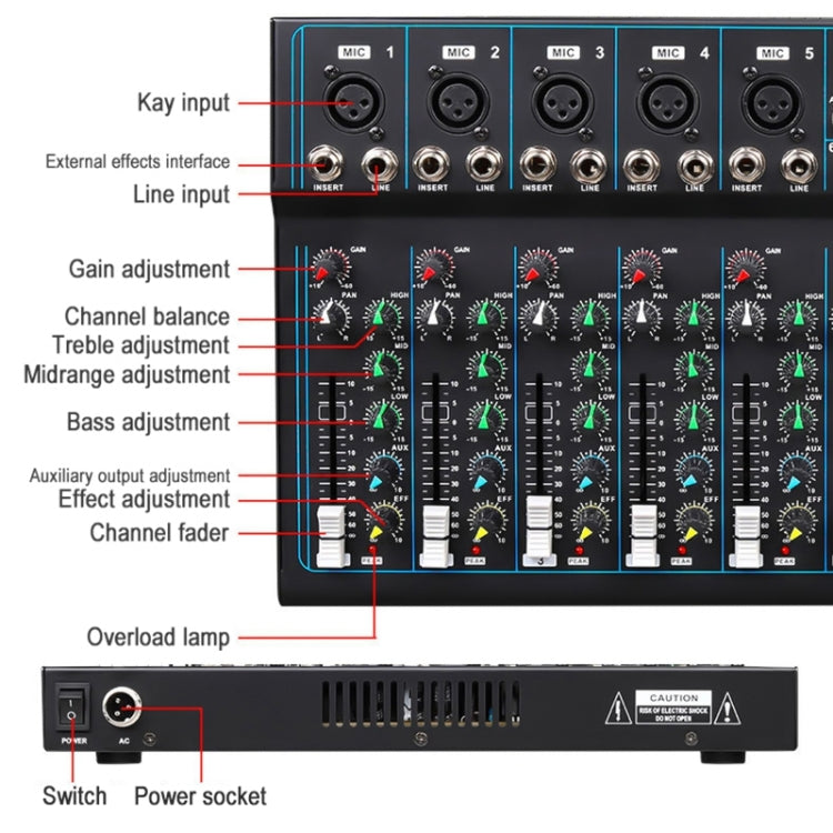 F7 Home 7-channel Bluetooth USB Reverb Mixer, US Plug(Black)