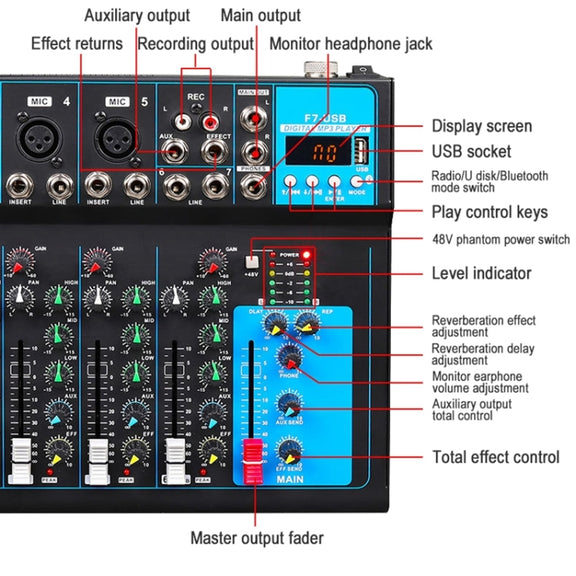 F7 Home 7-channel Bluetooth USB Reverb Mixer, EU Plug(Black)