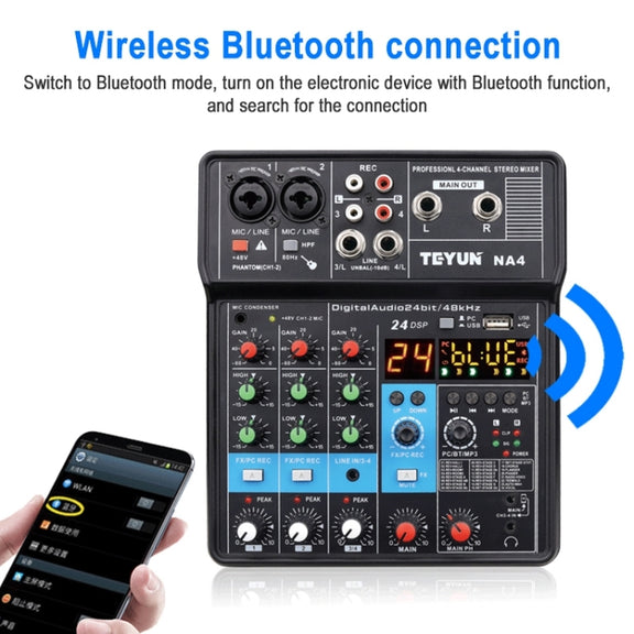 TEYUN NA4 4-channel Small Mixing Console Mobile Phone Sound Card Live Broadcast Computer Recording Console Processor, EU Plug(Black)