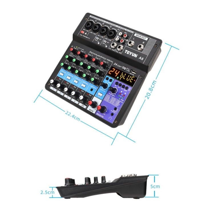 TEYUN NA6 6-channel Small Mixing Console Mobile Phone Sound Card Live Broadcast Computer Recording Console Processor, US Plug(Black)