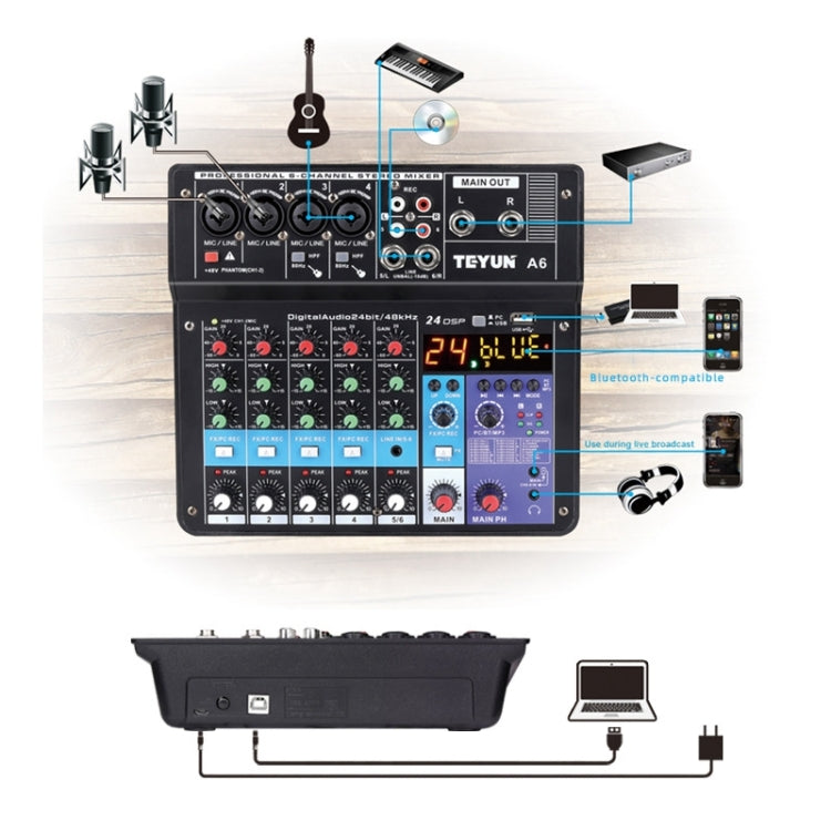 TEYUN NA6 6-channel Small Mixing Console Mobile Phone Sound Card Live Broadcast Computer Recording Console Processor, US Plug(Black)