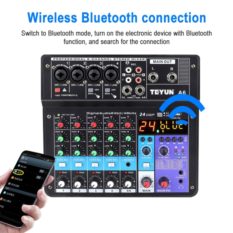 TEYUN NA6 6-channel Small Mixing Console Mobile Phone Sound Card Live Broadcast Computer Recording Console Processor, US Plug(Black)