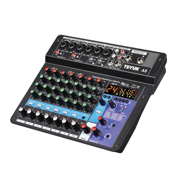 TEYUN NA8 8-channel Small Mixing Console Mobile Phone Sound Card Live Broadcast Computer Recording Console Processor, US Plug(Black)
