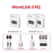 Godox MoveLink II M2 Wireless Lavalier Microphone System with 2 Transmitters and 1 Receiver for DSLR Cameras and Camcorders (White)