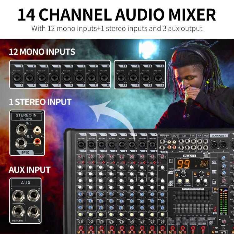 XTUGA B1404FX 14 Channels Bluetooth Audio Mixer Digital DJ Controller Sound Mixing Console (US Plug)