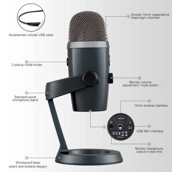 Logitech Blue Yeti Nano Condenser Digital USB Live Broadcast Microphone (Grey)