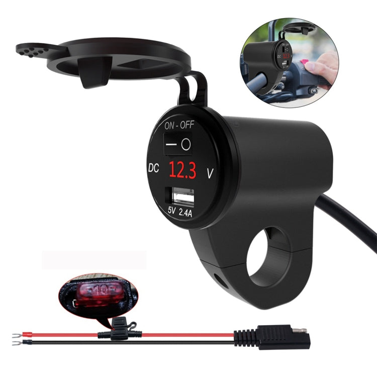 ZH-975B1 Motorcycle Aluminum Alloy Water-resistant Mobile Phone Single USB Charger with Red Voltmeter(Black)