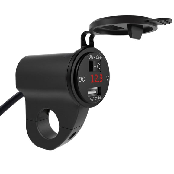 ZH-975B1 Motorcycle Aluminum Alloy Water-resistant Mobile Phone Single USB Charger with Red Voltmeter(Black)