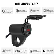 ZH-975B1 Motorcycle Aluminum Alloy Water-resistant Mobile Phone Single USB Charger with Red Voltmeter(Black)
