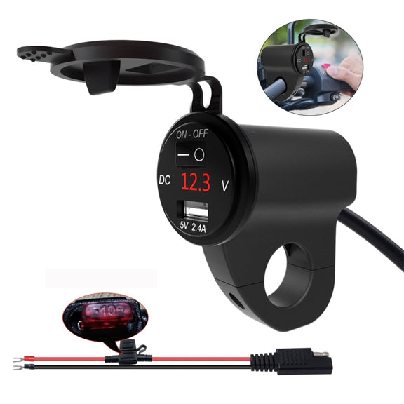 ZH-975B1 Motorcycle Aluminum Alloy Water-resistant Mobile Phone Single USB Charger with Red Voltmeter(Black)
