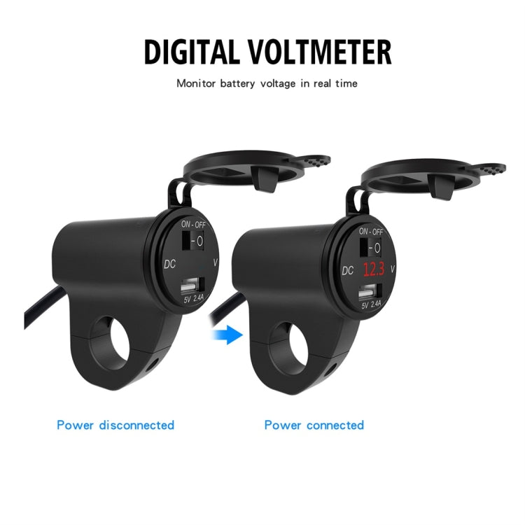 ZH-975B1 Motorcycle Aluminum Alloy Water-resistant Mobile Phone Single USB Charger with Red Voltmeter(Black)