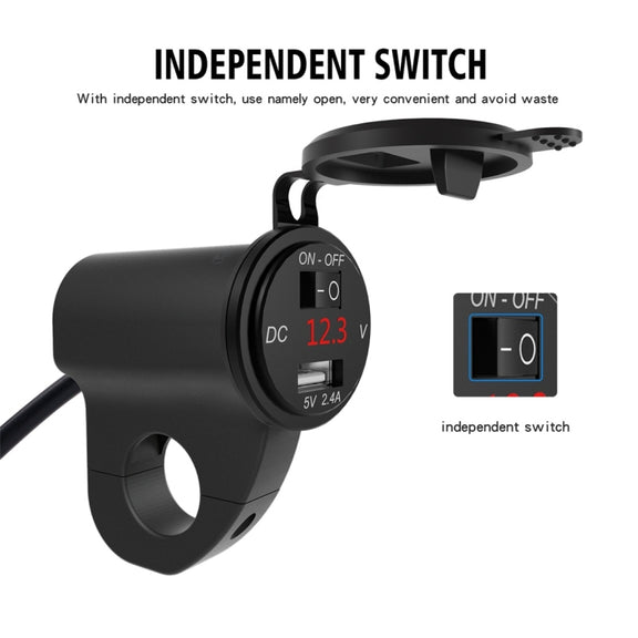 ZH-975B1 Motorcycle Aluminum Alloy Water-resistant Mobile Phone Single USB Charger with Red Voltmeter(Black)
