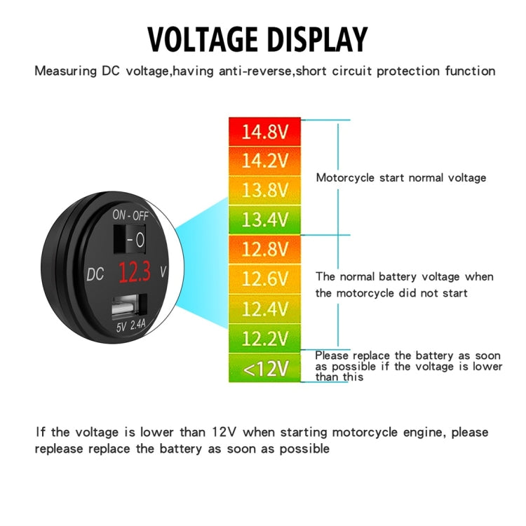 ZH-975B1 Motorcycle Aluminum Alloy Water-resistant Mobile Phone Single USB Charger with Red Voltmeter(Black)
