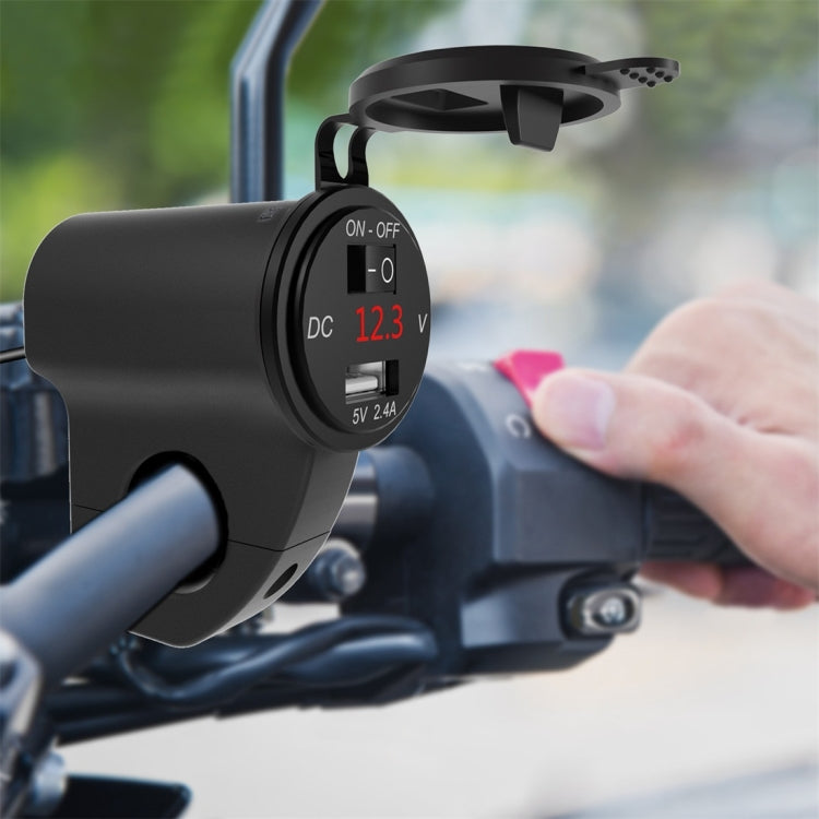 ZH-975B1 Motorcycle Aluminum Alloy Water-resistant Mobile Phone Single USB Charger with Red Voltmeter(Black)