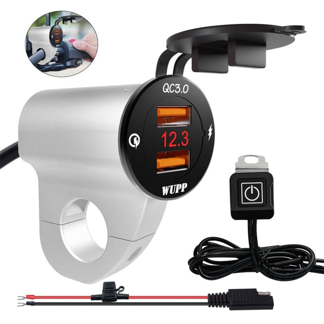 WUPP ZH-975A3 Motorcycle Aluminum Alloy Water-resistant Mobile Phone Double QC3.0 Quick Charging Charger with Voltmeter(Silver)
